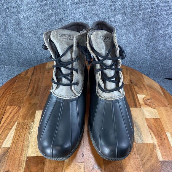 Sperry Saltwater Duck Boots Womens 8.5 Gray Black Leather Rain Shoes - Picture 2 of 10